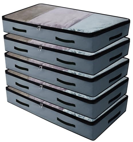 5er-Pack, 90X 50X 14cm, Lange schmale Unterbett-Aufbewahrungstaschen für Kleidung, Bettwäsche, Pullover Organizer, Hochzeitskleid-Aufbewahrungsbox, Dunkelgrau