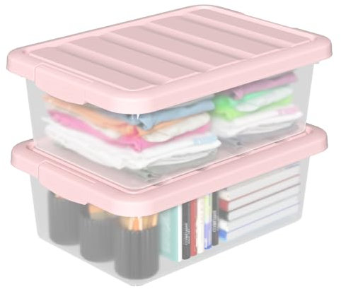 Yesdate 2 Pack 14 L Plastic Storage Boxes Clear Box & Pink Lid, Stackable Nestable Under Bed Boxes for Home, Office, Accessories