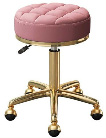Rollhocker, Drehstuhl, Salon, Schönheitsstuhl, medizinische Pflege, rundes Lederkissen, Barhocker für Spa, Arbeit, Büro, Massage, Maniküre, Tattoo, Gold-Chrom-Rahmen (Farbe: Rosa)