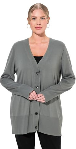 Ulla Popken Damen Strickjacke, V-Ausschnitt, Knopfleiste, Feinstrick Pullover, graugrün, 46-48