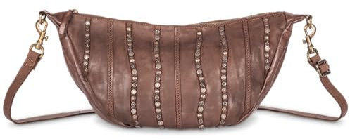 Cas8 Moon Bag groß NANCY - special Edition - 100% Leder mit Nieten, Damen Umhängetasche, Crossbody Tasche für den Alltag längenverstellbarer Schultergurt, robuste Verarbeitung, braun
