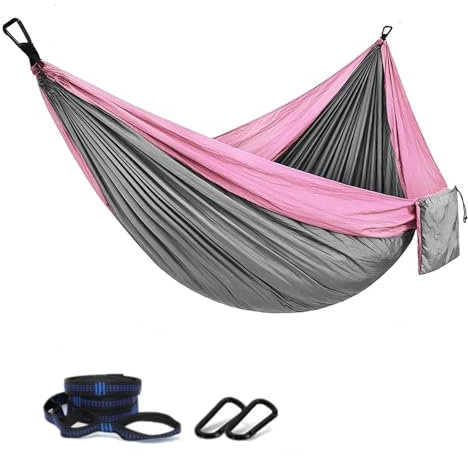 Tragbare Doppel-Hängematte mit Baumgurten, leicht, 210T Nylon, Fallschirm-Hängematte für Camping (Rosa/Grau)