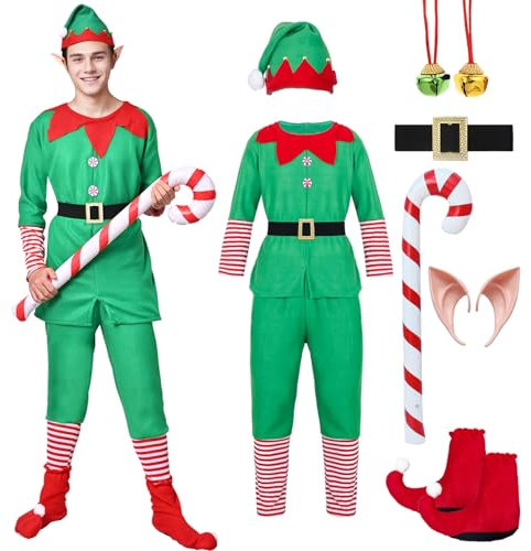 Antsparty Weihnachtself Kostüm Kinder Erwachsen, Weihnachten Elfenkostüm mit Elfenhut Elfenohren Schuhe Weihnachtliche Krücken, Weihnachts Elfen Kostüm für Weihnachten Party