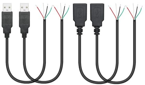 Riertostng Short USB 4 Pin Bare Wire 11inch, USB A Male & Female to 4 Pin Pigtail Open End Power and Data Cable 5V/2A, for USB Equipment Installed or Replacement Repair DIY Cable