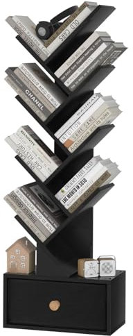 LELELINKY Bücherregal Baumform mit Schublade, Standregal 8 Ebenen für Bücher/CDs/Zeitschriften, DVD Bücherregal Holz, Bücher Regal für Wohnzimmer, Schlafzimmer und Heimbüro(schwarz)