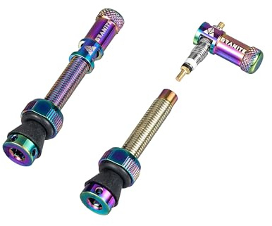 Granite Juicy Nipple Ventilkappen- und 44-mm-Farbabgestimmtes Presta-Ventilstangenset, Staubkappen für Fahrradreifen mit Ventileinsatzentfernungsfunktion (Oil Slick)
