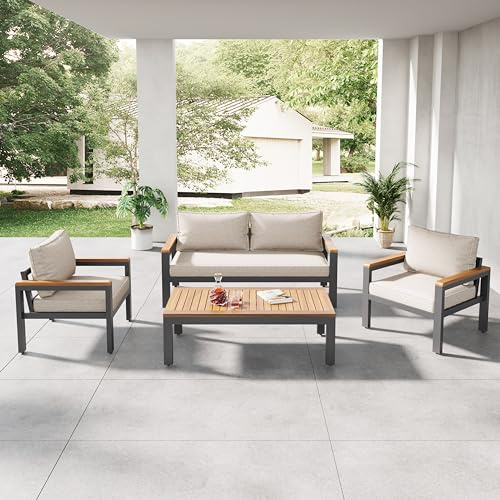 Trdlpyn Set Di Mobili da Giardino con 1 Divano a 2 Posti, 2 Sedie Singole ed 1 Tavolo, Salotto da Esterno per Giardino Esterno Piscina(Beige)