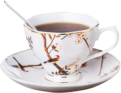 Teetassen-/Kaffeebecher-Set aus verstärktem Porzellan mit Untertasse, 180 ml – Serie „Vögel und Bäume“