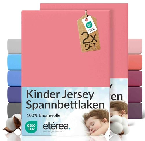 etérea Jersey 2er Set Spannbettlaken 80x160cm - 80x180cm Rosa bis 20 cm Höhe - 100% Baumwolle Spannbetttuch Oekotex - Kinder Doppelpack Bettlaken 80x160 cm - 80x180 cm - Rose