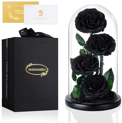 MAMAMIKO 4 Rosa Stabilizzata Vera in Cupola Vetro, Fiori Rose Eterna, Idee Regalo Festa della Mamma, Regalo per Lei, Donna, Fidanzata, Mamma a San Valentino, Compleanno, Anniversario (Nera)