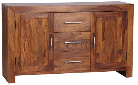Sideboard Massivholz Sheesham Kommode 118 cm 3 Schubladen 2 Türen Design Highboard Landhaus-Stil braun Natur