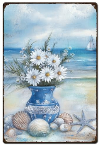 SUPERDANT Blechschilder Mit Strand Und Vase Motiv Blaue Strände Blechschild Muscheln Seesterne Vintage Schild Ozean Metallschild Meer Retro Dekor Für Wohnzimmer Meer See Schlafzimmer
