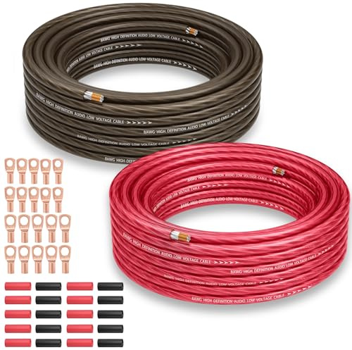 Kit de câbles de calibre 8 (4,5 m chacun, rouge/noir), fil automobile primaire, câble de batterie, kit de câblage d'amplificateur, câble d'alimentation et de terre, fusible de voiture, 8 AWG CCA, avec