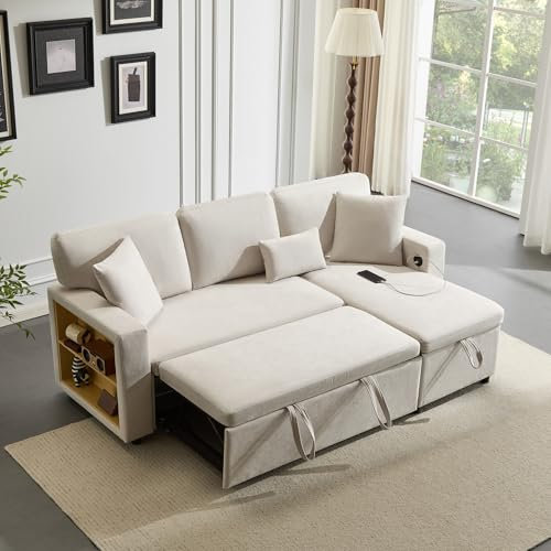 Merax Ecksofa, Sofa mit Schlaffunktion, Schlafsofa mit Bettkasten, USB, Seitentaschen und integriertem Regal, Schlafsessel mit Bettfunktion, Ausziehbar L-Form Sofa für Wohnzimmer Schlafzimmer, Beige