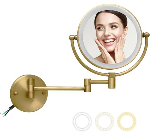 LEDOOLE Miroir de maquillage à montage mural éclairé grossissant x10 câblé, double face avec éclairage 3 couleurs, fonction de gradation tactile, bras pivotant à 360° et bras extensible pour rasage