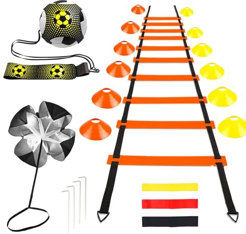 GROOFOO Accesorios de entrenamiento de fútbol – Escalera de agilidad de 6 m, 12 conos naranja/amarillo, 4 clavos de tierra, 3 bandas de resistencia (diferentes valores), paracaídas de velocidad y
