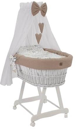 Wiklinopol Stubenwagen aus Weide mit Baldachin und Gestell Lena – Moseskorb in Weiß, Komplettset mit 5-TLG. Waffel-Bettwäsche Kaninchen Beige – Mit Rollen, Tragbar, Sicher