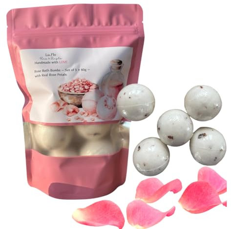 Lu.Flo BIO Badebomben Frauen 5x60g – Entspannungsbad, handgemacht – Badekugeln mit Rosenblättern – Wellness Geschenke für Frauen - Rosa - Mini geschenke