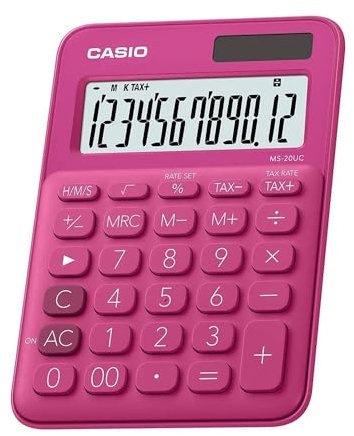 Casio MS-20UC - Calculadora de escritorio con botón grande, pantalla LCD de plástico rosa, cálculo de margen de ganancias, impuestos y tiempo, botones grandes, funciona con pilas solares, ideal para