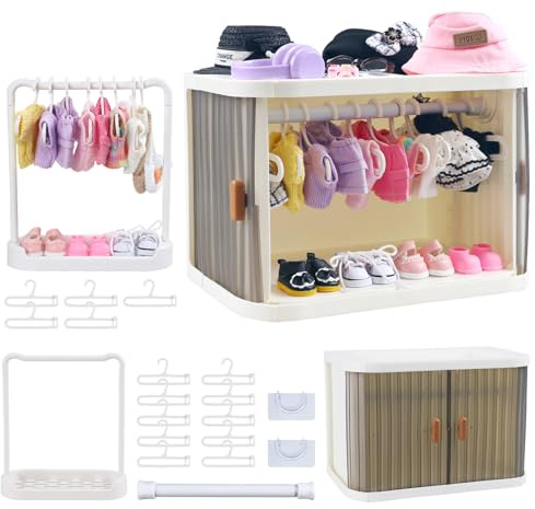 Foldable Doll Wardrobe Closet Storage Box Compatible with Labubu Clothes with 15 Hangers & Rod - Stackable Organizer Cabinet for 15/17cm Doll Clothes with Dust-Resistant Cover and Display Shelf