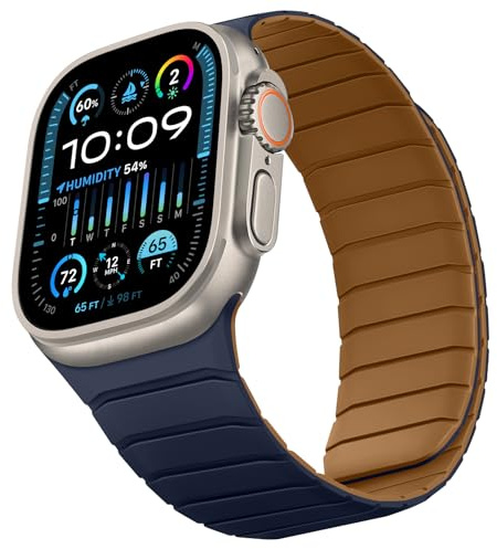 Sixmoat Bracelet Réversible Double Face Compatible avec Apple Watch 42mm (série 11/10) 41mm 40mm 38mm, Bracelet Magnétique en Silicone Souple pour iWatch SE série 11 10 9 8 7 6 5 4 3, Marron-Indigo
