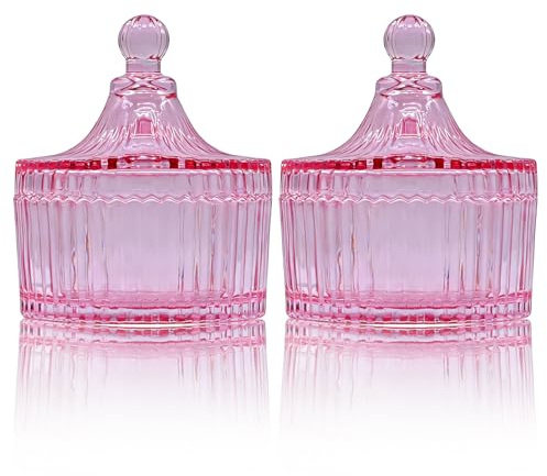 MC MEICHUANG 2 Pcs Tent Shaped Glass Candy Jars With Lids, Crystal Storage Containers, 10Oz Decorative Jars For Sweets, Jewelry, Kitchen And Wedding Decor(Pink)