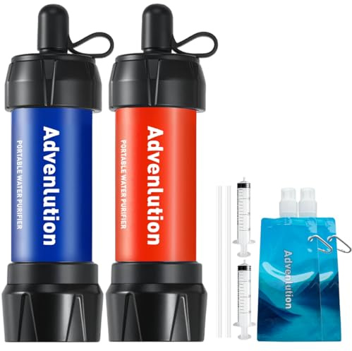 Advenlution 2-Pack Water Filter Straw 0.01 Micron – Personal Survival Water Filtration for Camping Hiking Backpacking Travel Emergency, with Pouch, Straw & Plunger, Fits Standard UK Bottles