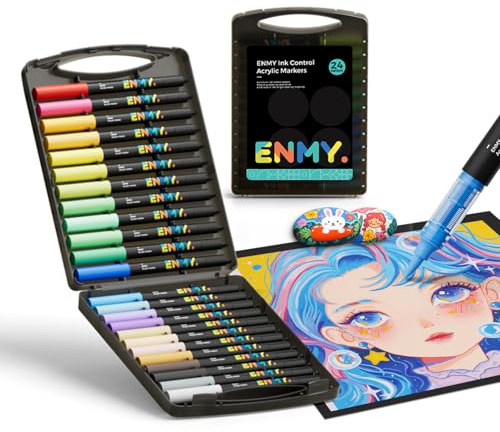 ENMY Lot de 24 marqueurs de peinture feutre acrylique à base eau, pointe pinceau, plumes acryliques, Acrylic Paint Markers pour bois, pierre, toile, verre, tissu, Métal, Plastique