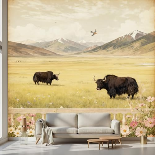Kioldoq Hochlandrinder Tapete Selbstklebende Schlafzimmer, Ochse Tier Fototapete Wohnzimmer, Berg Wiese Tapeten Wandtapete Kinderzimmer Wanddeko Motivtapeten 200 x 300 cm