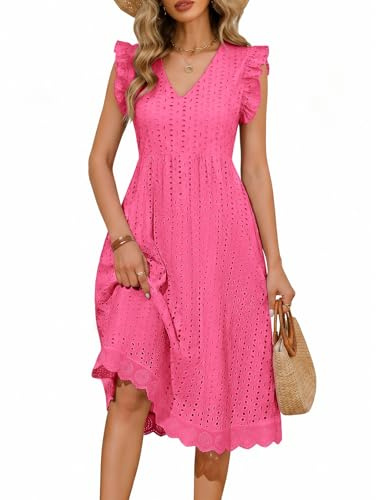 PASUDA Vestito Donna Estivo Abito Lungo Scollo a V Casual Vestiti Senza Maniche a Volant Abiti Lunghi Cotton Comodo Floreale Vuoto Jacquard Vestiti da Spiaggia con Tasche