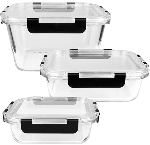 KUUKA Boîtes Alimentaires en Verre borosilicate avec couvercles silicone – set 3x 640 ml + 1050 ml + 1800 ml, boîtes hermétiques pour frigo, four, micro-ondes, congélateur, idéal meal prep