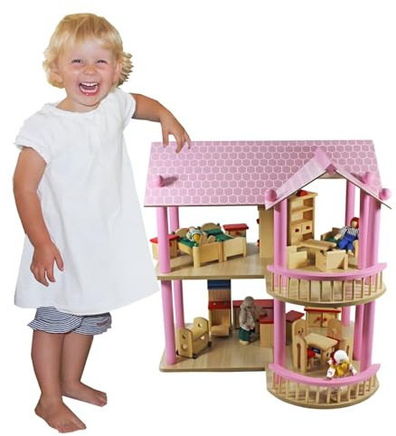 Puppenhaus Villa aus Holz | Holzpuppenhaus mit 2 Etagen | 4 Puppen & Puppenmöbel | Spielhaus für Kinder | Puppenstube mit Holzmöbeln und Puppenfamilie & Zubehör