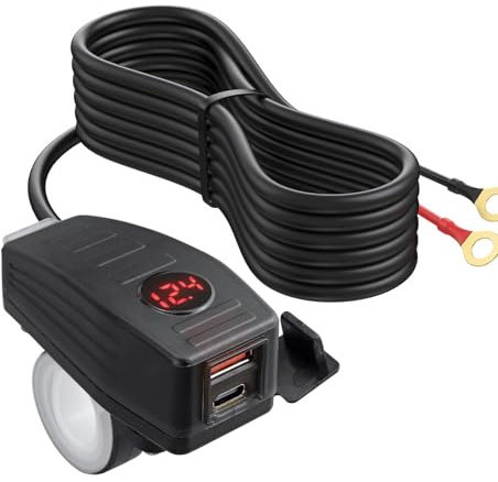 eSynic Motorcycle USB C Socket Waterproof QC3.0 PD Dual Port Type-C&USB | Quick Charging|With 12V Power Socket Adapter & 6–30V LED Voltmeter|Switch Control|for Motorcycles, Cars and Vans