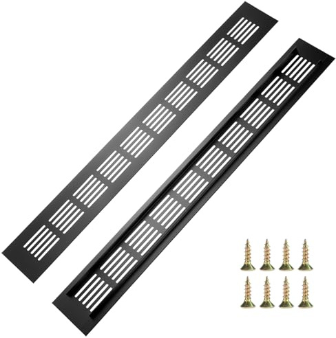 QWORK® 2 Piezas Rejilla de Ventilación 400 x 50 mm de Aluminio – Rejilla Rectangular Negra para Circulación de Aire en Armarios, Cocina y Baño – Aireación de Puertas y Muebles con Tornillos