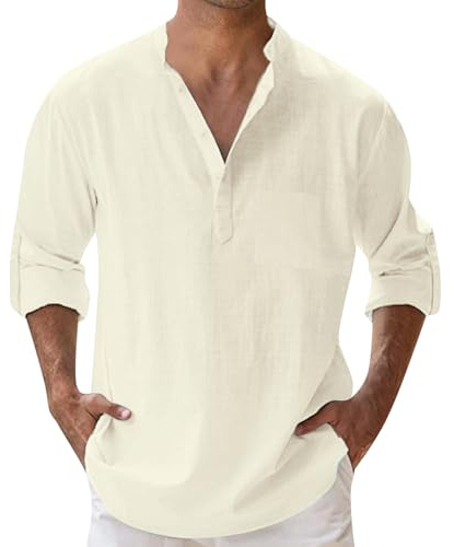 Luadnysin Camicia da Uomo in Lino, Maniche Lunghe Regolabili, Collo Coreano, con Taschino, Traspirante e Leggera, per Primavera, Estate e Autunno, Tempo Libero e Spiaggia,S-5XL