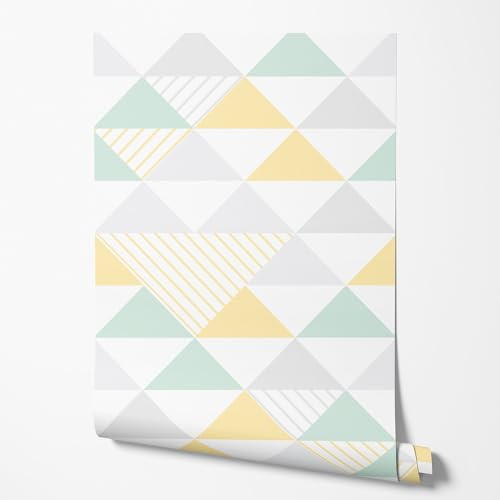 GP TONER Vliestapete Geometrisch Dreiecke Pastell Skandi Design Grau Mint Gelb Tapete Wohnzimmer Schlafzimmer Flur Küche UV-beständige Tapete 10m x 0,5m