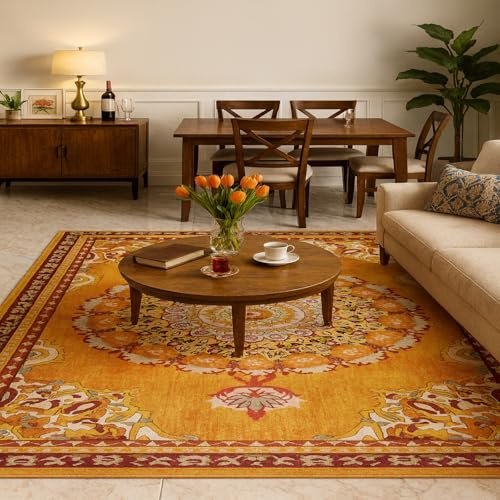 Teppiche für Wohnzimmer, 70 x 140 cm, maschinenwaschbar, weicher Indoor-Teppich für Schlafzimmer, Esszimmer, Büro, traditionell, abstrakt, orange, rot, gelb, weiß