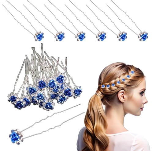 Trimming Shop Crystal Blue Rose Flower Hair Pins: Bridal Wedding Clips with Rhinestone Flowers - Elegant Hair Jewelry Accessories for Women, Wedding Bridal Hairstyle, Prom Party, Pack of 10