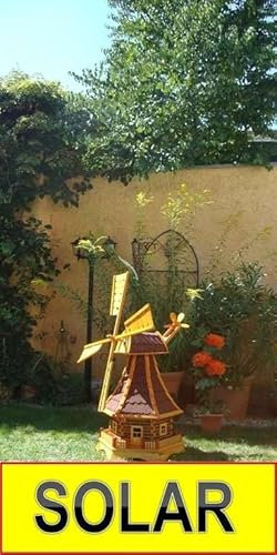 Ölbaum Windmühle, WETTERFEST, mit Bitumendach, Garten-Windmühle WASSERDICHT & WITTERUNGSBESTÄNDIG, mit Windrad, Seitenruder, Windfahne, WMB-RAD130ro-MS Windmühle, WETTERFESTn mit Licht Solarb