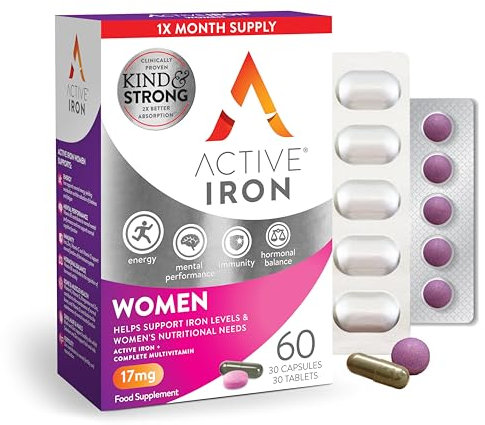 Active Iron Women with Active Multivitamin Supplement 17 mg, High Strength B Vitamins, Non-Constipating, 30 Iron Capsules & 30 Active Multivitamins, 1 Month Supply