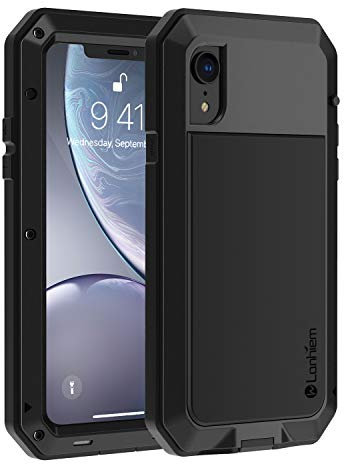 Lanhiem iPhone XR Metallhülle, robuste, stoßfeste Hülle mit eingebautem Glas-Displayschutz, robuste Ganzkörper-Schutzhülle, Schwarz