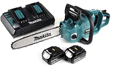 Makita DUC 355 PT2 Tronçonneuse à batterie 36 V (2 x 18 V) Brushless 35 cm avec 2 batteries 5 Ah et chargeur double