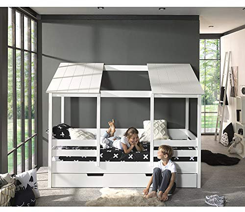 Lomadox Hausbett Kinderbett mit 90 x 200 cm Liegefläche und Bettschublade Spielbett