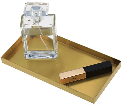Freelove Sanding Gold Metal Vanity Tray Lettering, Perfume Organizer Jewelry Holder Makeup Dish Catchall Candle Plate Decorative for Dresser Counter Bathroom Desk Home Preppy Room Decor, 4''X8''