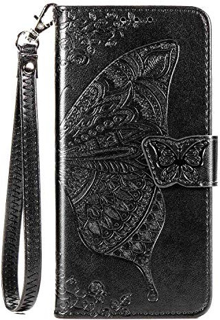 CaseHQ Kompatibel mit iPhone 12 Hülle 6,1 Zoll, iPhone 12 Pro Hülle 6,1 Zoll (2020), Brieftaschen-Hülle für Damen und Mädchen, Premium-Gurt mit Kartenhalter, 3D-geprägter Schmetterling, PU-Leder,