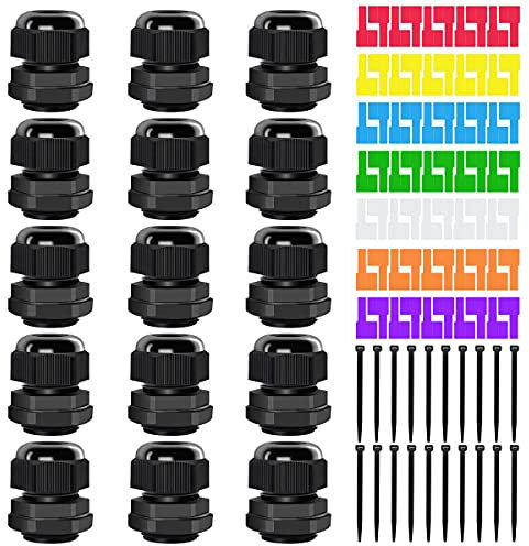 Youmile 15 Pcs PG13.5 Waterproof Cable Gland IP68 Adjustable 6-12mm Nylon Plastic Seal Wire Connector for Junction Box with 7 Pcs Cable Labels, 20 Pcs Wire Ties