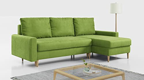 MKS MEBLE Ecksofa - L-Form Sofa mit Schlaffunktion - Wohnlandschaft L Form, Ecksofa mit Schlaffunktion und Bettkasten, Schlafsofa mit Bettkasten, Couch mit Schlaffunktion - Hellgrün LANG
