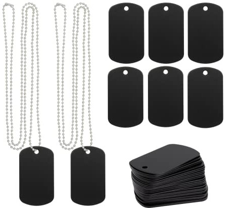 Blanko-Tags aus Aluminium, Stanzrohlinge für Hunde, Metallmarken, Gravur, Rohlinge mit Kugelkette, 25 Stück, Schwarz