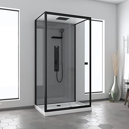 Cabina de ducha Hidromasaje 110x80 Plato inferior - Fondo gris y perfiles negro mate - GREY STYLE LOW