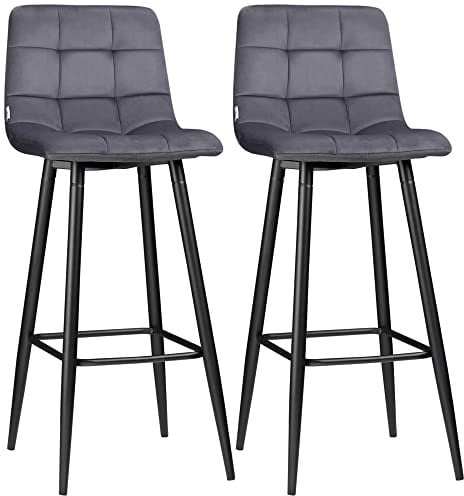 HOMCOM 2er-Set Barhocker, Bistrohocker mit Fußstütze, Barstuhl, Samt-Bezug, Küchenstuhl, Tresenhocker-Set mit Stahlbeinen für Wohnzimmer, Esszimmer, Grau, 42 x 47 x 105 cm